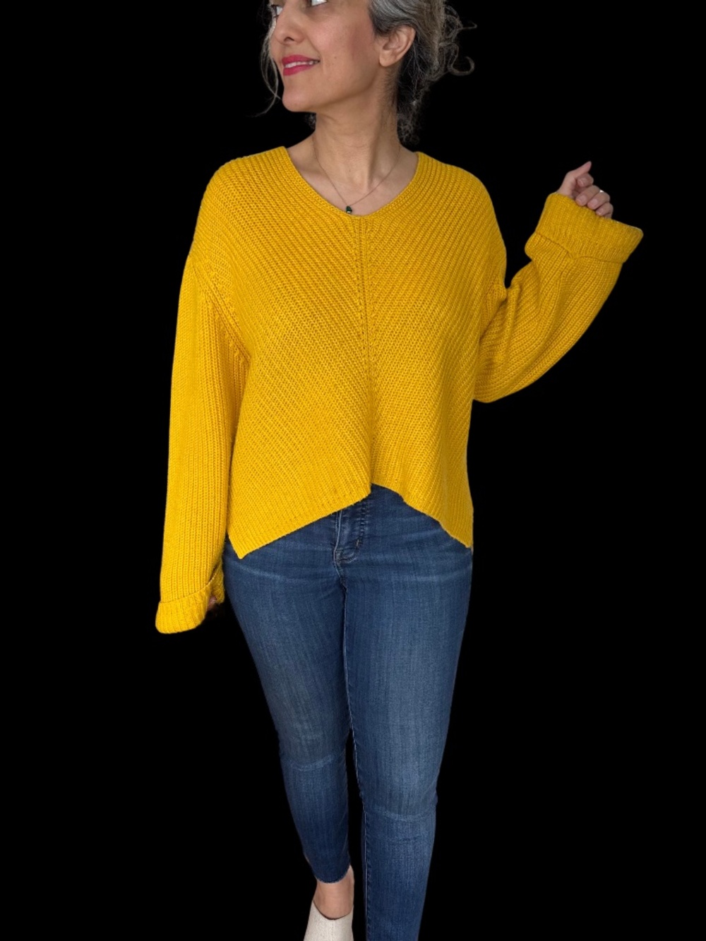 Mango Yellow V-Neck Oversized Knit Sweater | Size Small